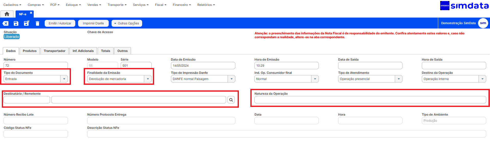 Nota fiscal de devolução de venda